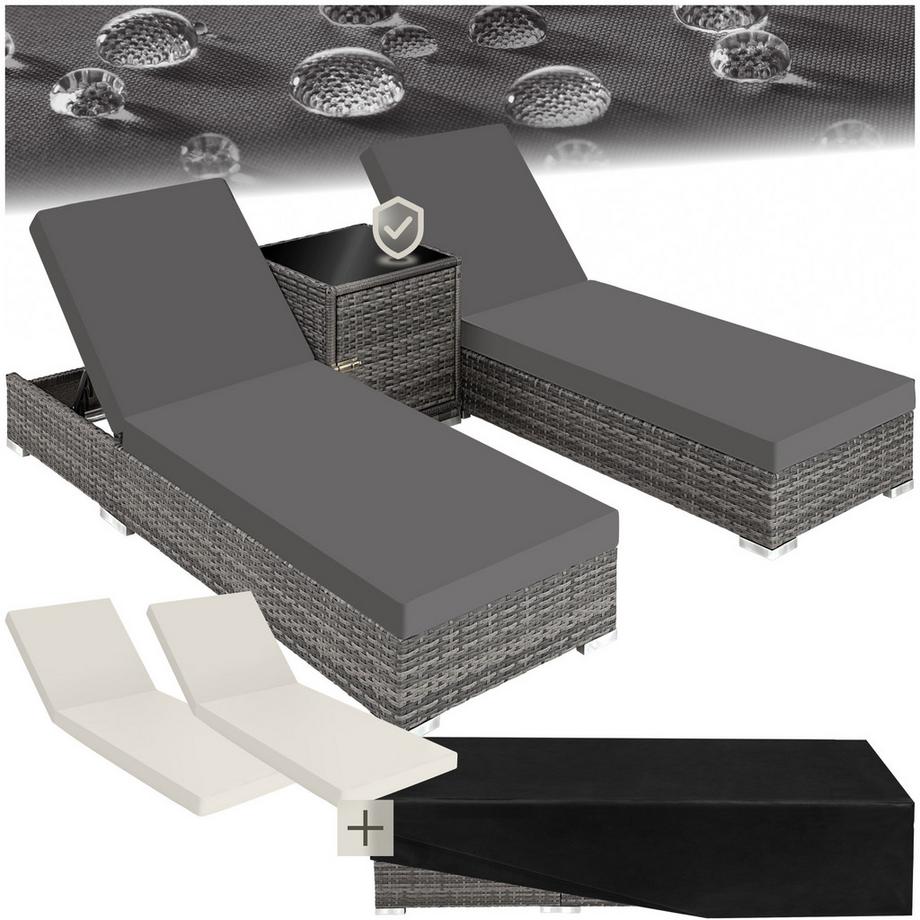 Tectake 2er Set Rattan Sonnenliegen  mit Aluminiumgestell inklusive 2 Bezugssets und Schutzhülle  