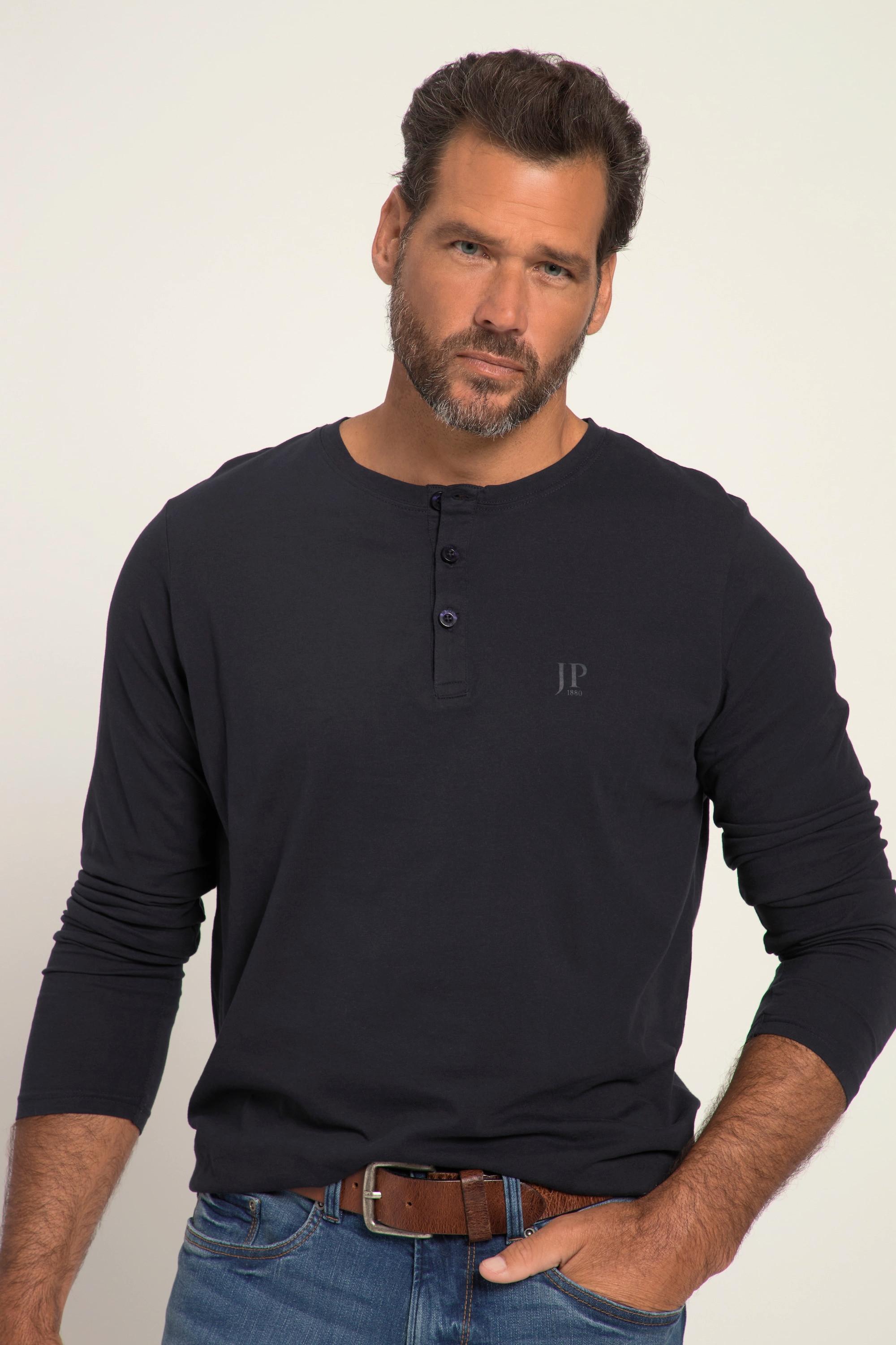 JP1880  T-shirt JP 1880 Henley Basic, manches longues et patte de boutonnage marine foncé 