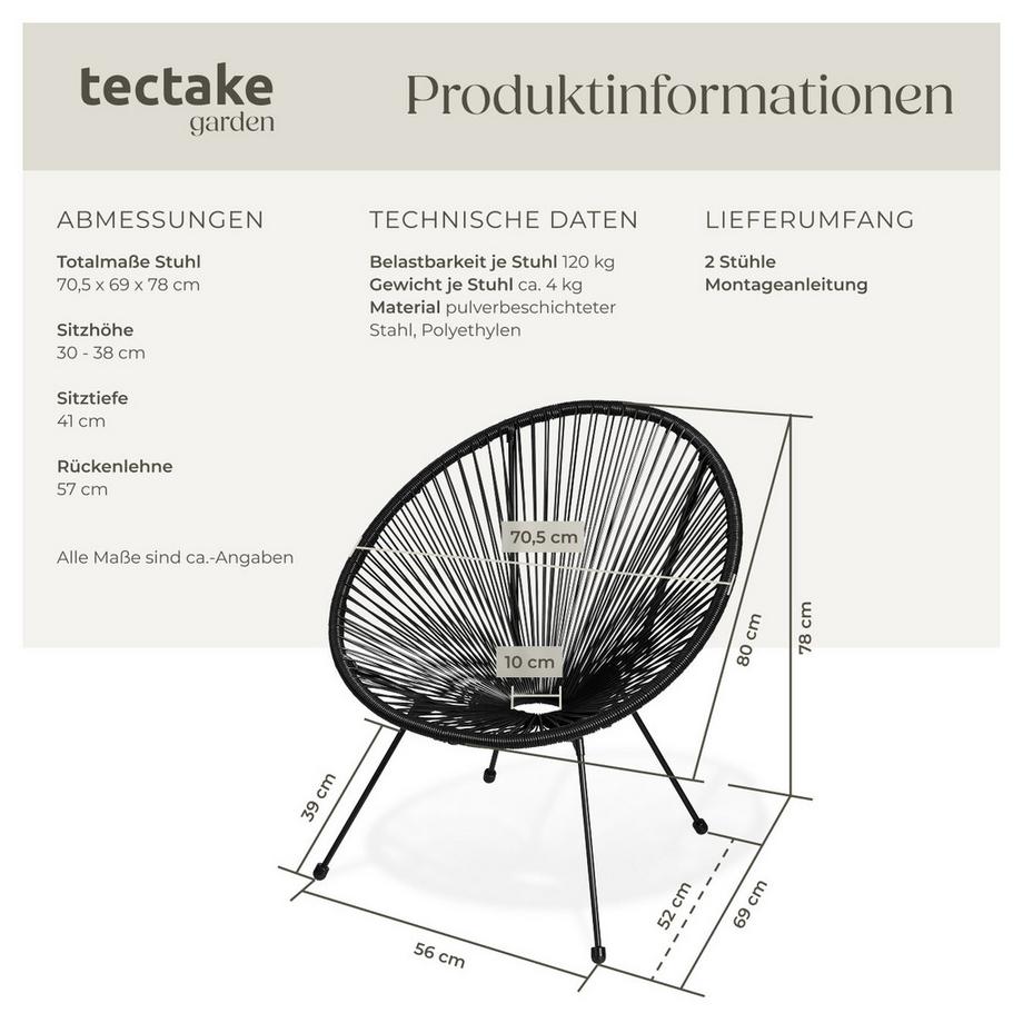 Tectake Set di 2 sedie da giardino Santana  Design retrò in stile Acapulco  