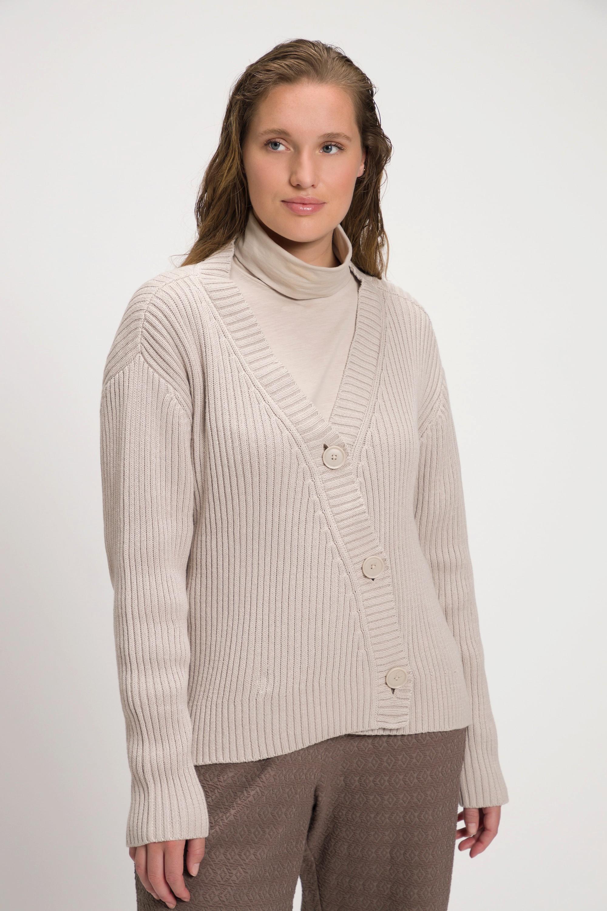 Ulla Popken  Cardigan, tricot bord-côte, décolleté en V, coton bio 