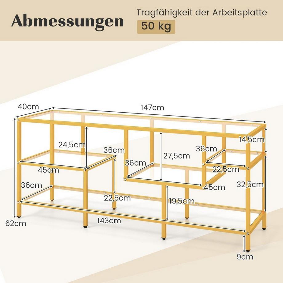 Northix  TV-Schrank Fernsehtisch für Fernseher bis zu 65 Zoll TV-Tisch Gold 147 x 40 x 62 cm 