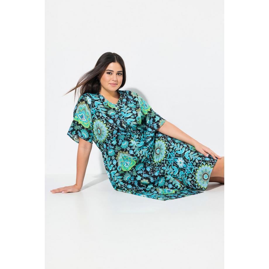 Ulla Popken Robe Midi Coupe Trapèze Col V Manches Ballon Mi-Longues  