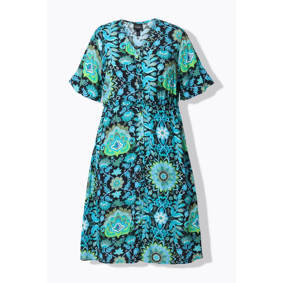 Ulla Popken Robe Midi Coupe Trapèze Col V Manches Ballon Mi-Longues  