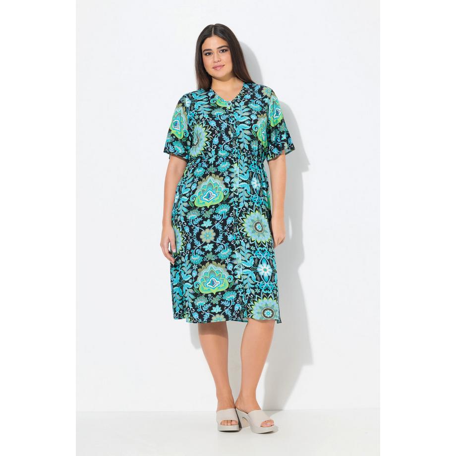 Ulla Popken Robe Midi Coupe Trapèze Col V Manches Ballon Mi-Longues  