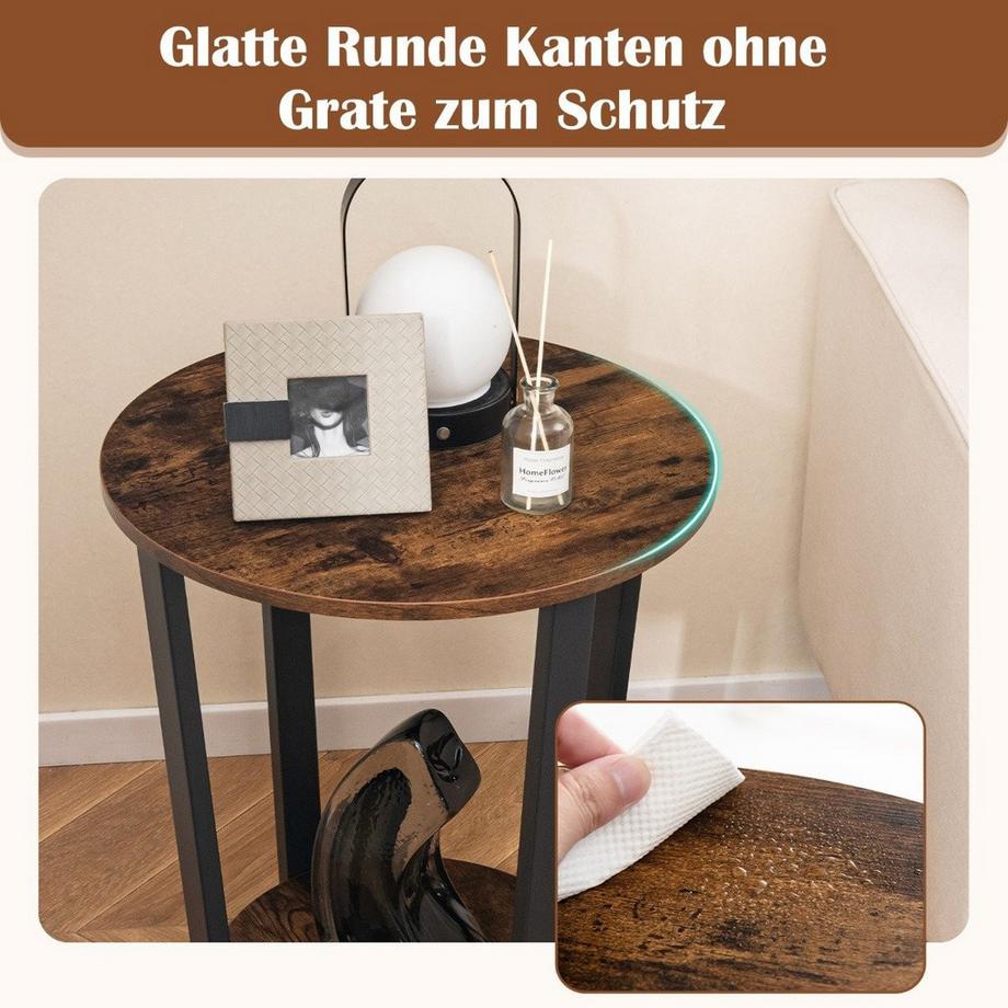 B2X Runder Beistelltisch mit Offener Ablage & Metallrahmen 2-stufiger Akzenttisch Sofatisch-Rustikalbraun  