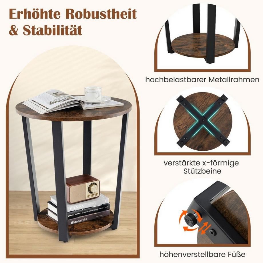 B2X Runder Beistelltisch mit Offener Ablage & Metallrahmen 2-stufiger Akzenttisch Sofatisch-Rustikalbraun  