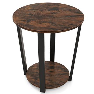 Runder Beistelltisch mit Offener Ablage & Metallrahmen 2-stufiger Akzenttisch Sofatisch-Rustikalbraun