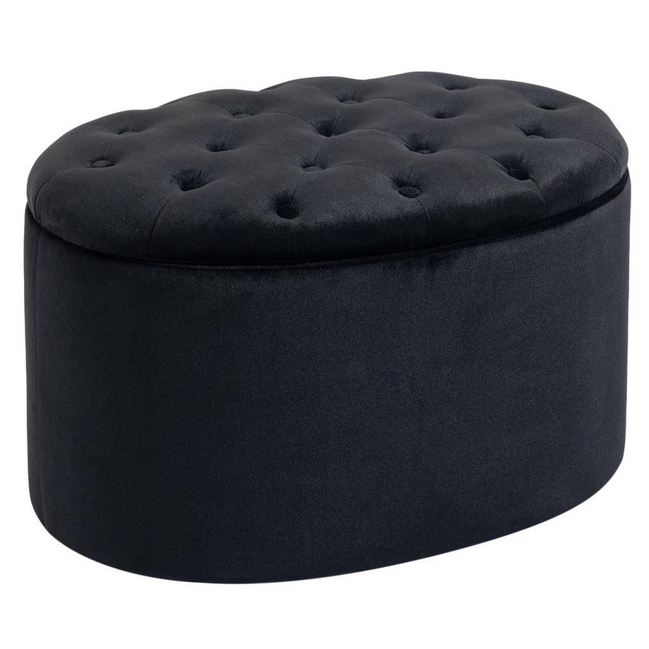 Banc En Noir Banc Rembourré Moderne Avec Espace De Rangement, Polyester Velouté, Bois D'Hévéa, Forme Ovale, 71X52X42Cm