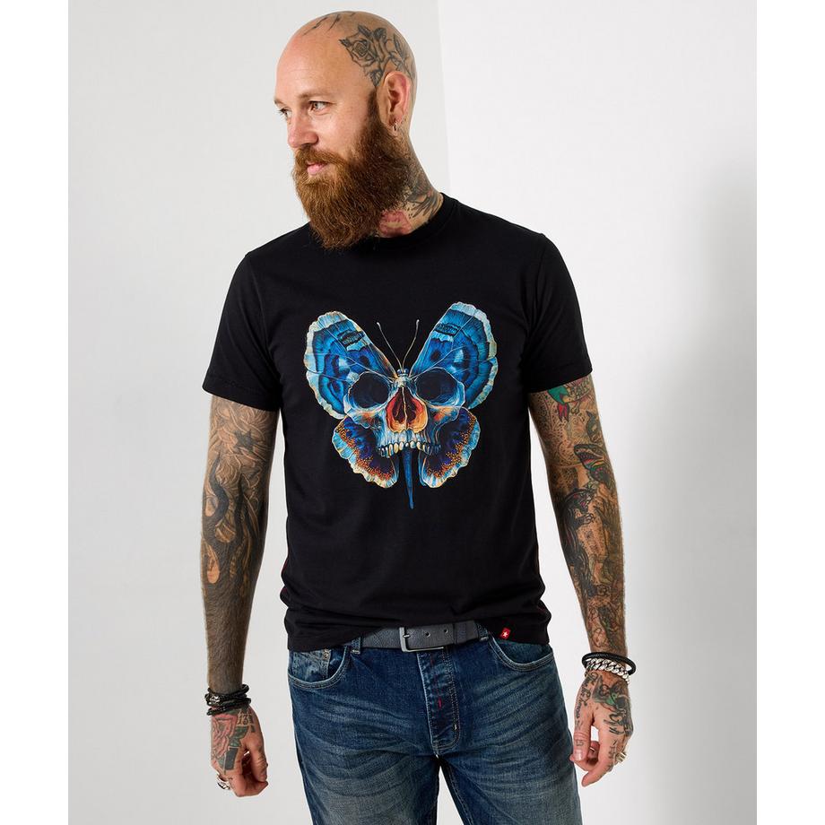 T-Shirt mit Totenkopf- und Schmetterlingsmotiv