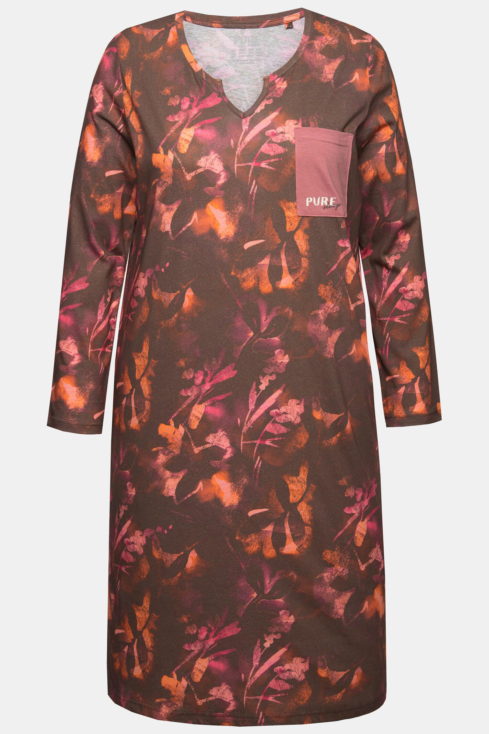 Ulla Popken Camicia da Notte Scollo a Tunica Maniche Lunghe Cotone Biologico Fantasia Foglie  