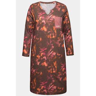 Ulla Popken Camicia da Notte Scollo a Tunica Maniche Lunghe Cotone Biologico Fantasia Foglie  