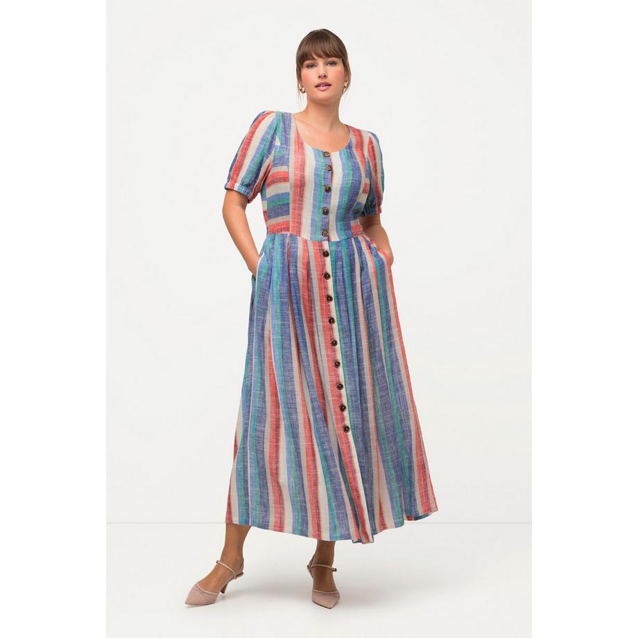 Ulla Popken Robe Midi Lin Mélangé Poches Col Rond Manches Bouffantes  