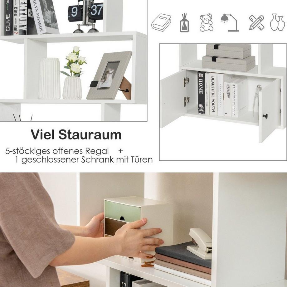 Northix Bücherregal Standregal mit Türen 183 x 70 x 23 cm Raumteiler Regal mit 5 Ebene Weiß  
