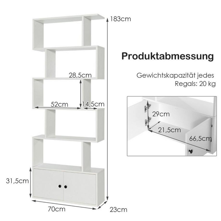 Northix Bücherregal Standregal mit Türen 183 x 70 x 23 cm Raumteiler Regal mit 5 Ebene Weiß  