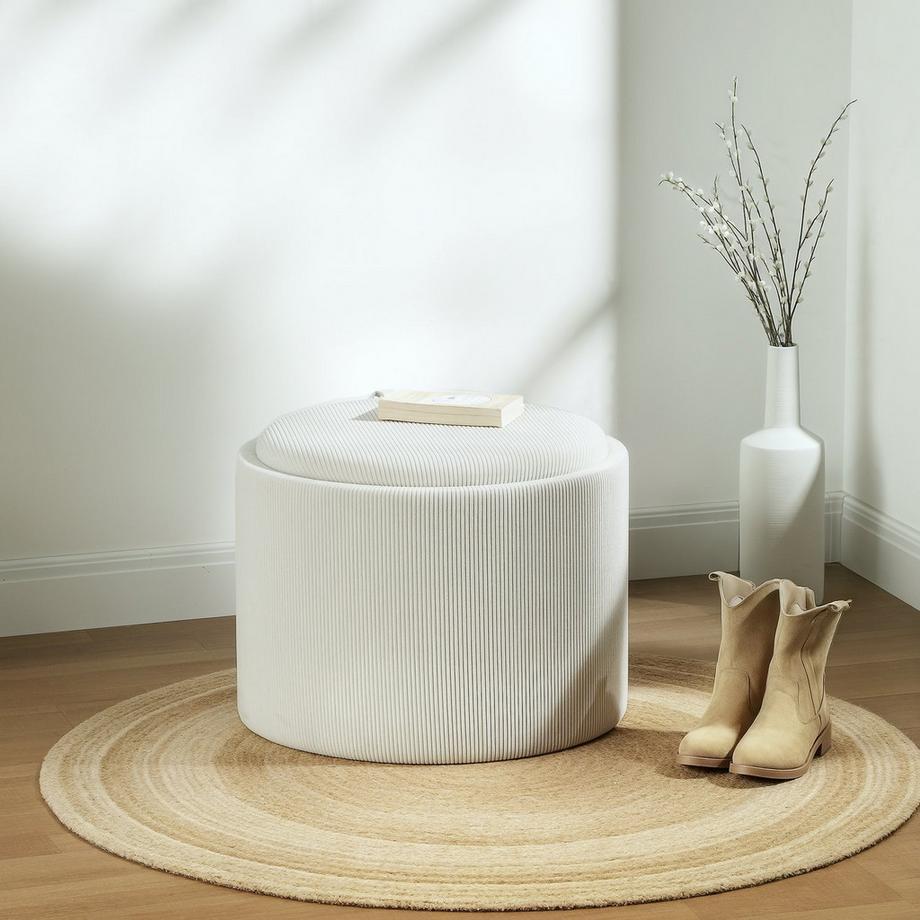 Northio Tabouret avec espace de rangement tabouret avec couvercle, repose-pieds rond tabouret rembourré table basse avec aspect cordon 56 x 56 x 42 cm blanc crème |  