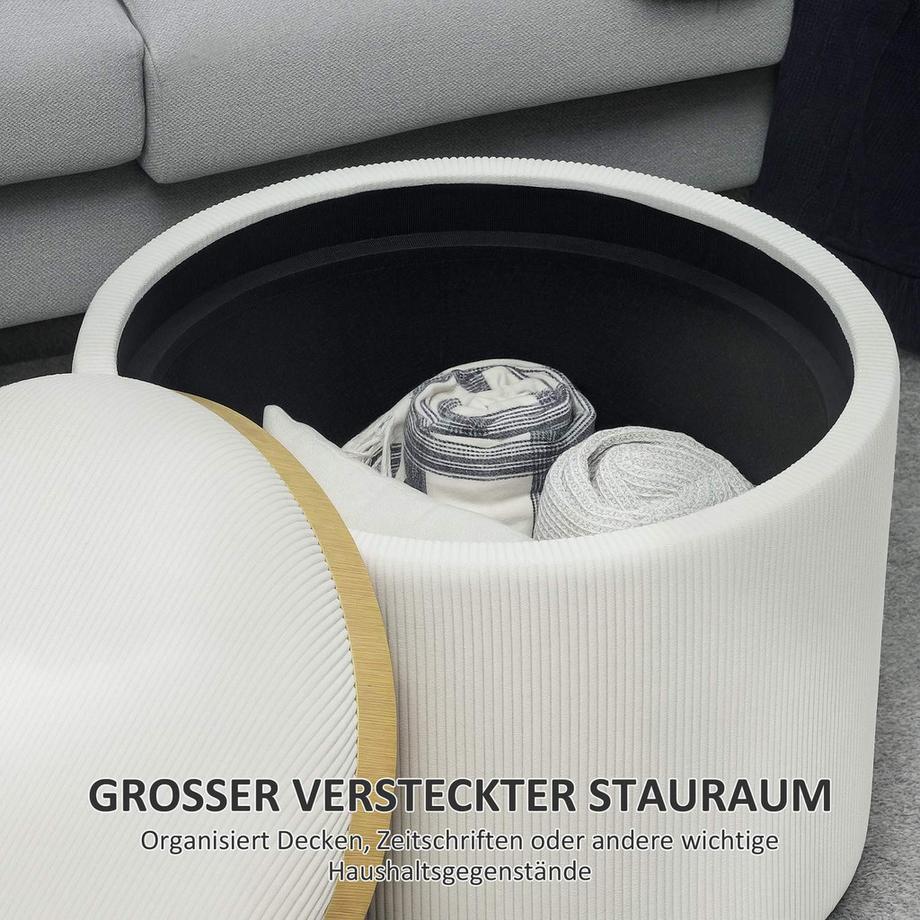 Northio Tabouret avec espace de rangement tabouret avec couvercle, repose-pieds rond tabouret rembourré table basse avec aspect cordon 56 x 56 x 42 cm blanc crème |  