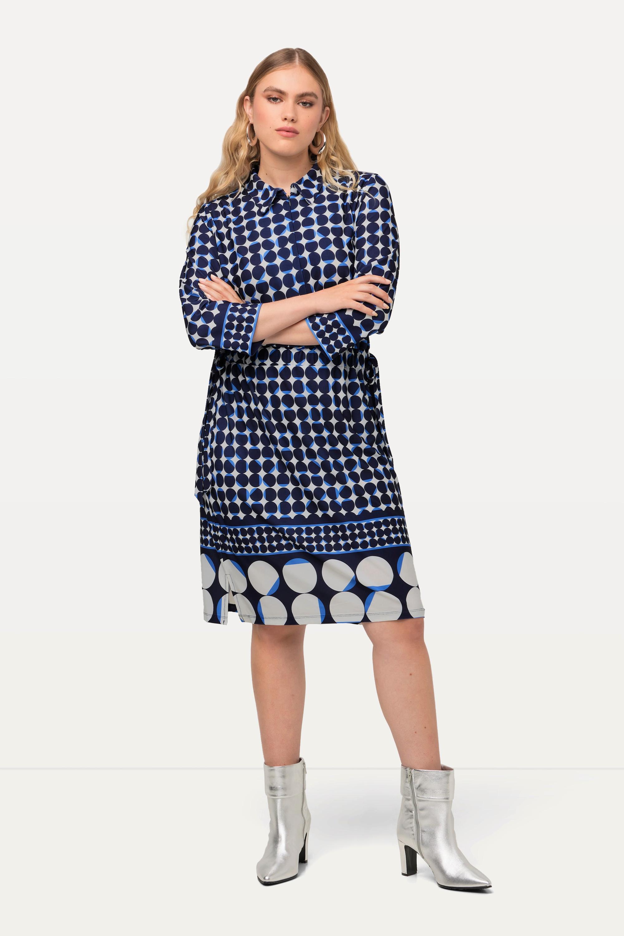 Ulla Popken  Robe midi à col chemise et manches 3/4, mélange de pois 