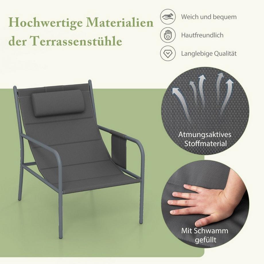 Northix Balkonmöbel Set 3-tlg. Gartenmöbel Set mit 2 Stühlen & Tisch Balkonset mit atmungsaktivem Sitzstoff Grau  