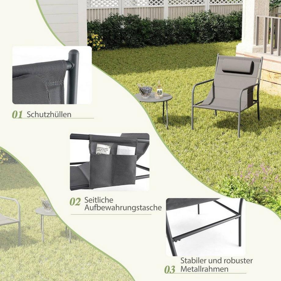 Balkonmöbel Set 3-tlg. Gartenmöbel Set mit 2 Stühlen & Tisch Balkonset mit atmungsaktivem Sitzstoff Grau