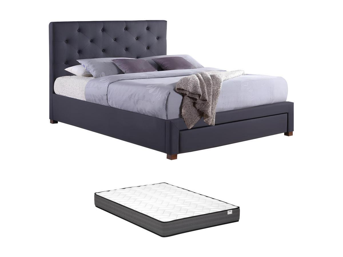 Image of Bett 160 x 200 cm mit Schublade und gestepptem Kopfteil - Stoff - Grau + Matratze - AGOSTINO Bett 160 x 200 cm mit Schublade und gestepptem Kopfteil - Stoff - Grau + Matratze - AGOSTINO