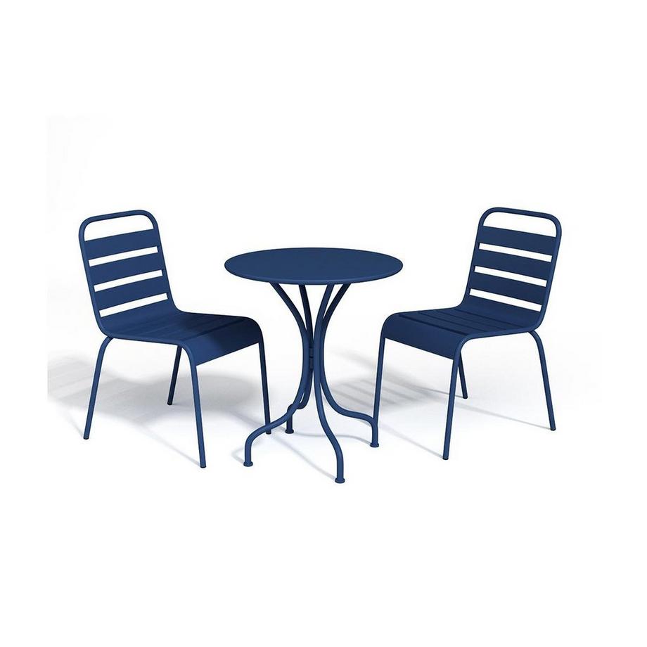 Vente-unique Salle à manger de jardin en métal - une table D.60cm et 2 chaises empilables - Bleu nuit - MIRMANDE de MYLIA  