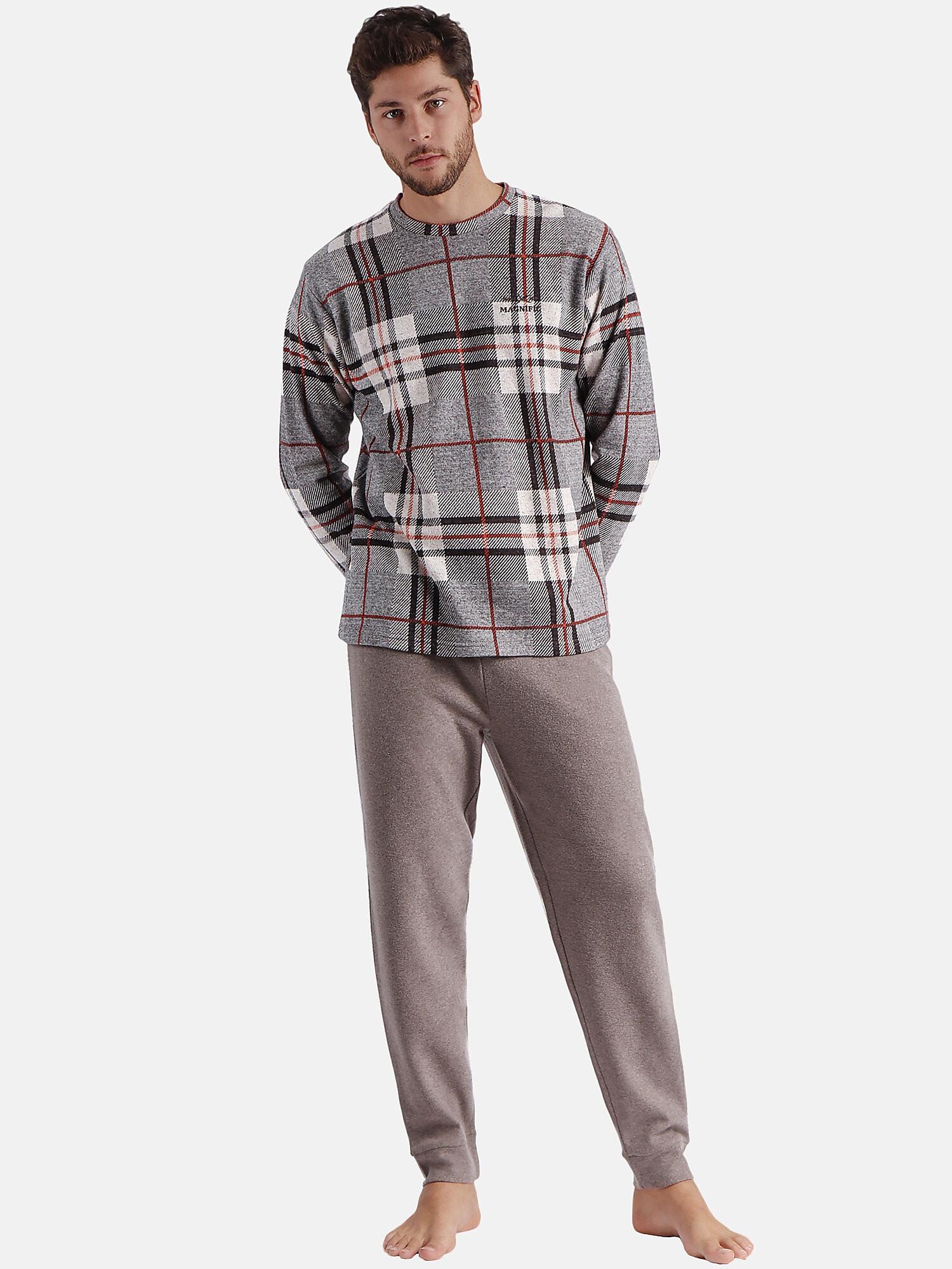 Image of Pyjama Hausanzug Hose Und Oberteil Mit Langen Ärmeln Tartan Herren Braun S