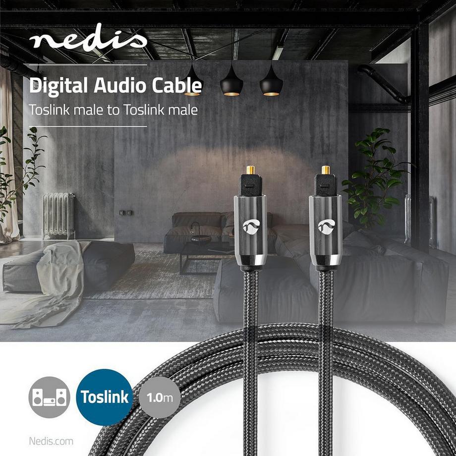 Nedis  Câble audio optique | TosLink mâle | TosLink mâle | 1.00 m | rond | coton | gris avec métal | carton avec fenêtre couverte 