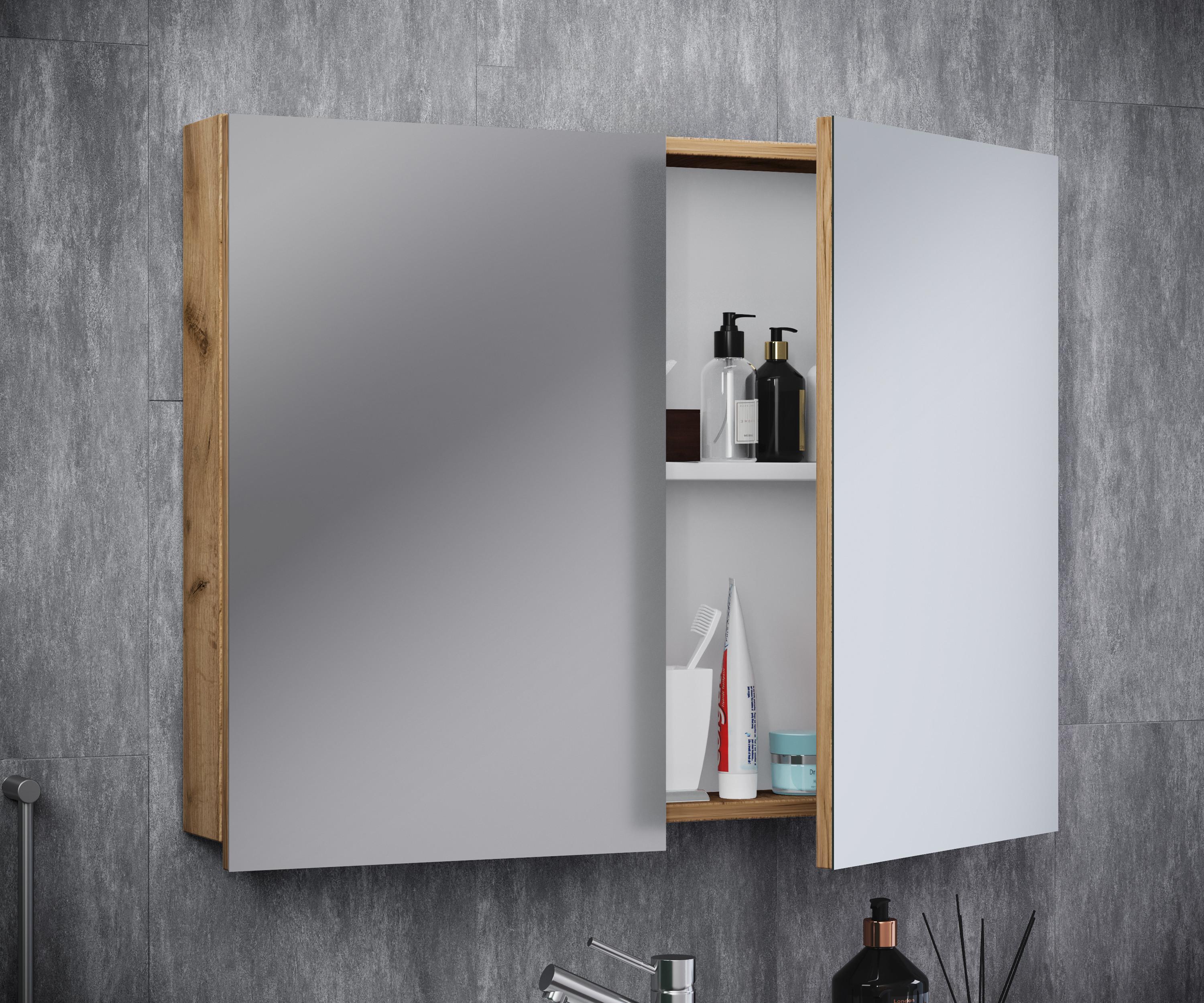 VCM Badschrank zeitlos | Maße ca. H. 59 x B. 60 x T. 12 cm | Zwei Drehtüren | Spiegelschrank - Badinos 59 x 60 cm  