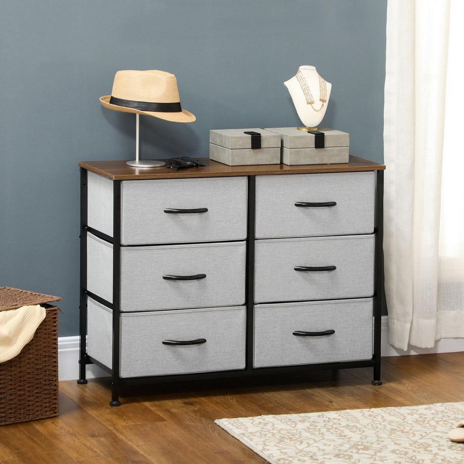 Northio Kommode Sideboard Mit 6 Klappbaren Stoffschubladen, Schubladenschrank Mit Arbeitsplatte, Mehrzweckschrank, Grau  