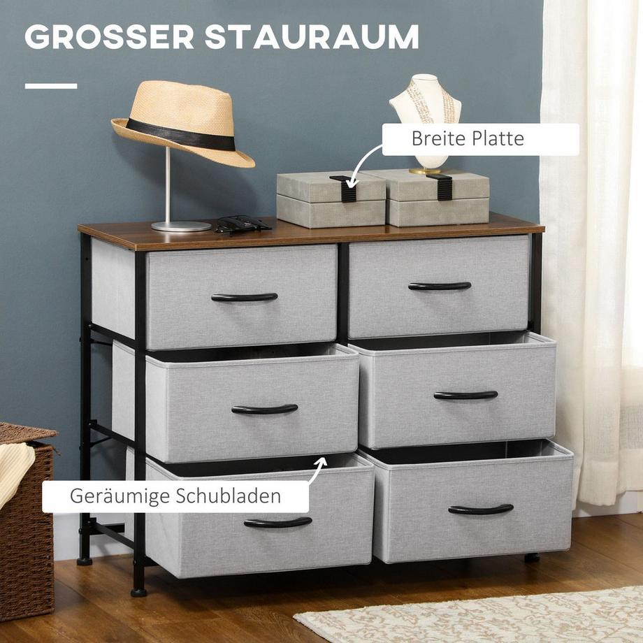 Northio Kommode Sideboard Mit 6 Klappbaren Stoffschubladen, Schubladenschrank Mit Arbeitsplatte, Mehrzweckschrank, Grau  