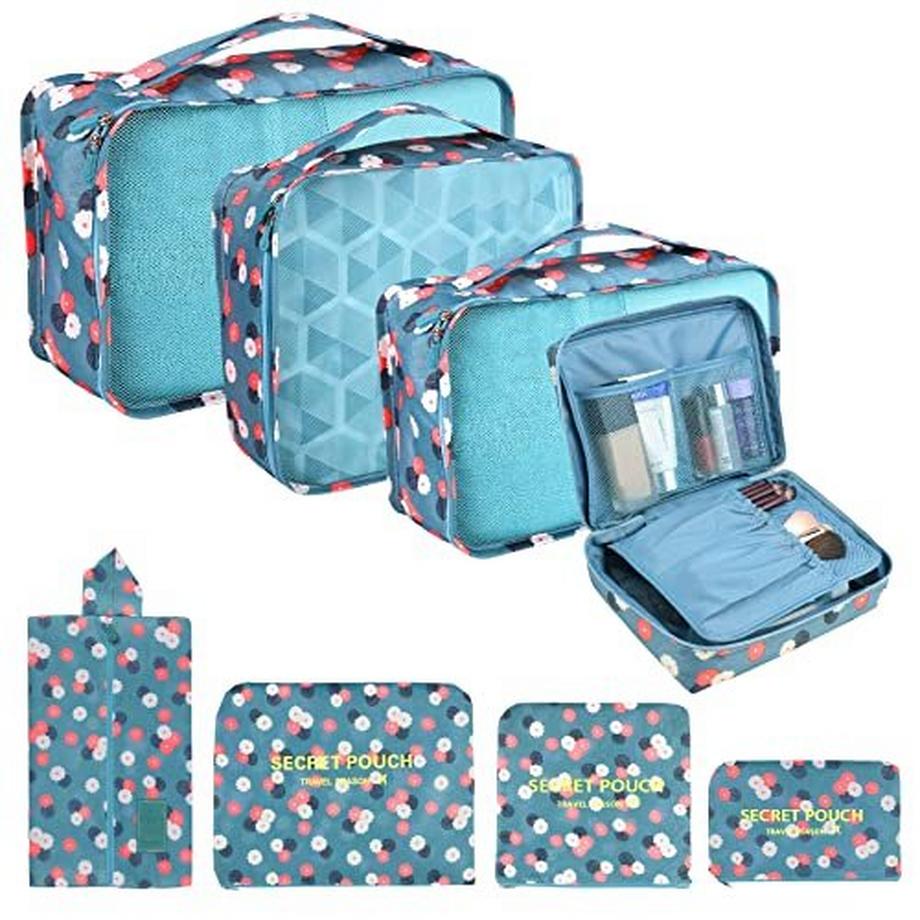 Lot de 8 cubes de rangement, cubes d'organisation pour valise, avec sac à chaussures, sac à linge, organisateur de voyage, sacs à vêtements, pour sac à dos, fleur bleue