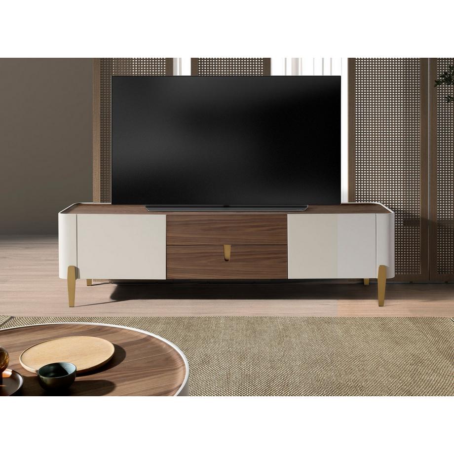 ANGEL CERDA Porta TV in legno beige, acciaio lucido dorato e piano in noce  