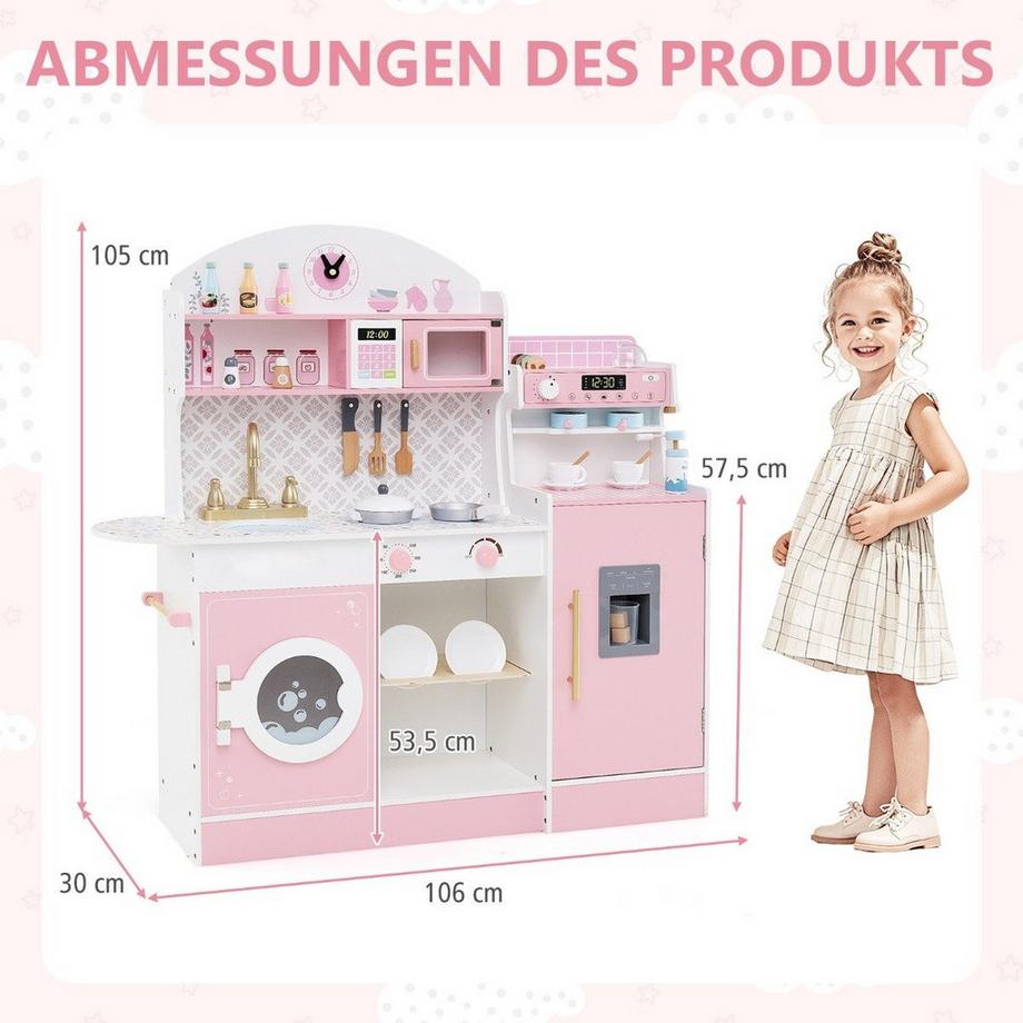 Northix  Kinderküche mit 27 Zubehör Spielküche Holz mit Uhr Mikrowelle Rosa 