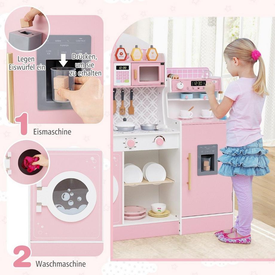 Northix  Kinderküche mit 27 Zubehör Spielküche Holz mit Uhr Mikrowelle Rosa 