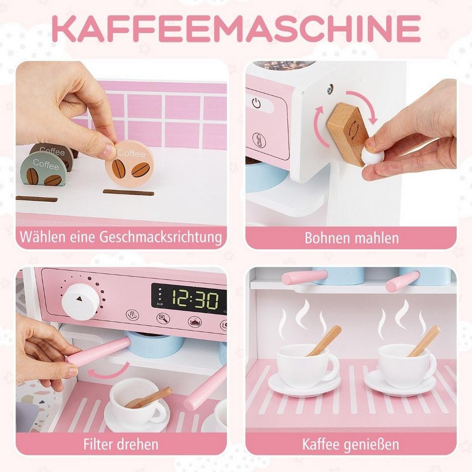 Northix  Kinderküche mit 27 Zubehör Spielküche Holz mit Uhr Mikrowelle Rosa 