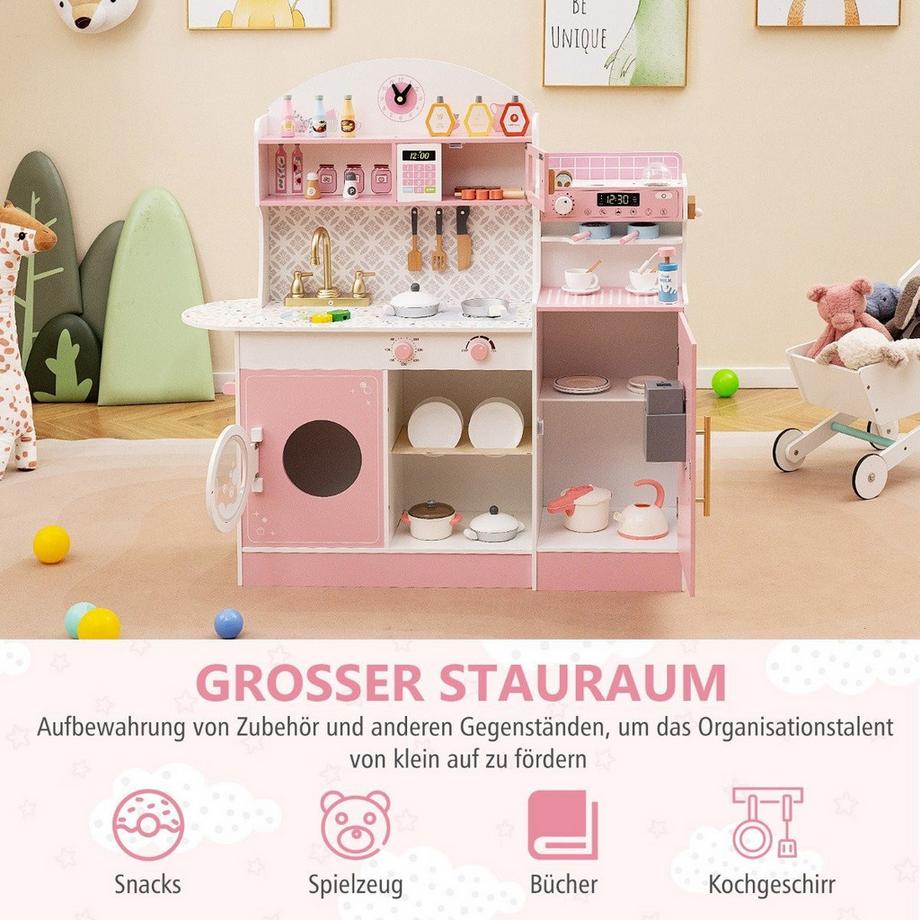 Northix  Kinderküche mit 27 Zubehör Spielküche Holz mit Uhr Mikrowelle Rosa 