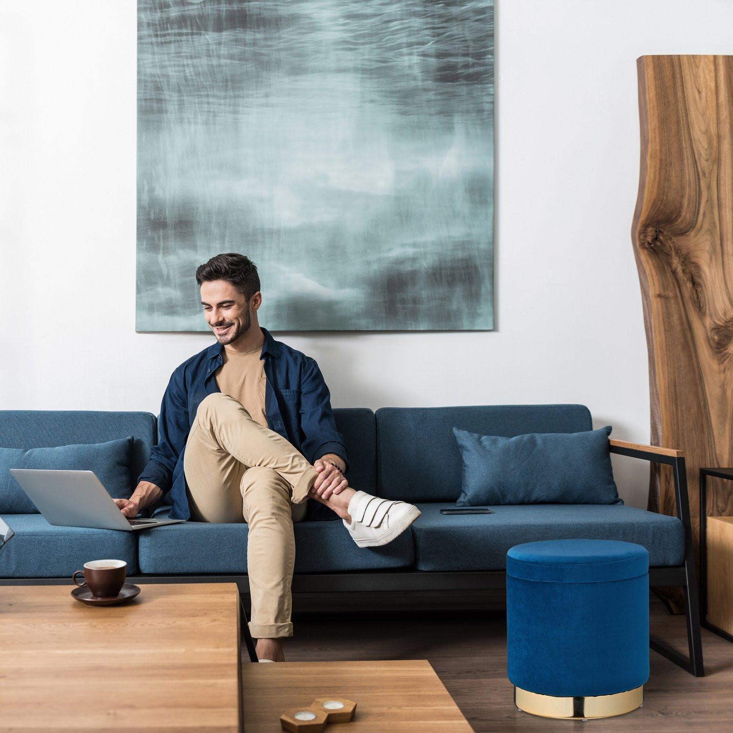 B2X Tabouret en velours avec rangement Bleu  