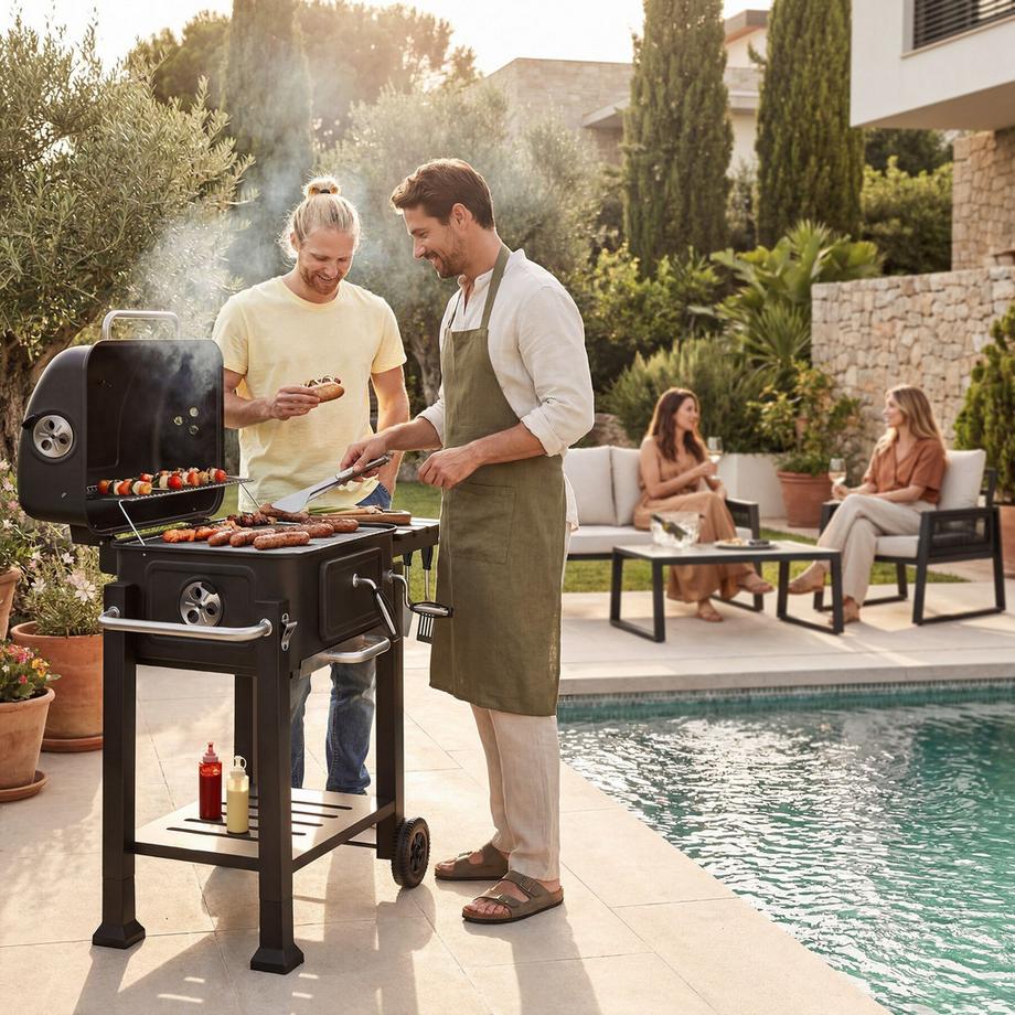 Tectake Barbecue a carbonella Florian con 2 ruote, vaschetta per il carbone regolabile  
