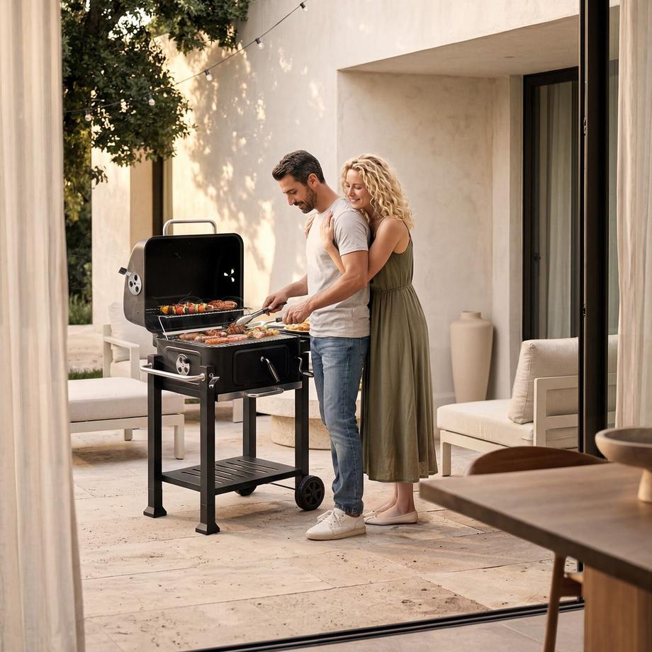 Tectake Barbecue a carbonella Florian con 2 ruote, vaschetta per il carbone regolabile  
