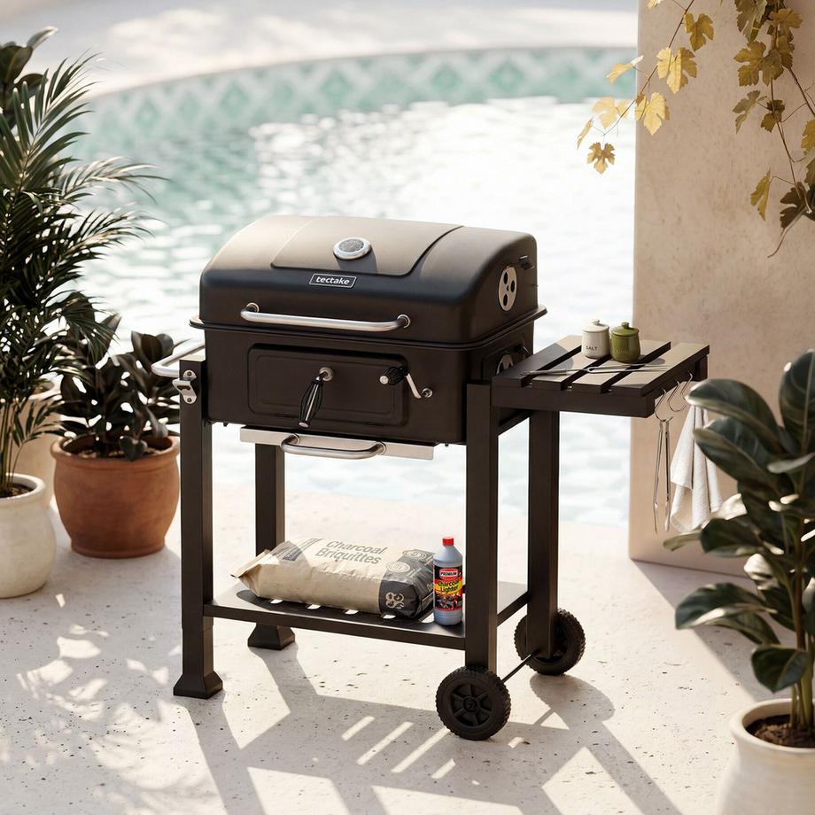 Tectake Barbecue a carbonella Florian con 2 ruote, vaschetta per il carbone regolabile  