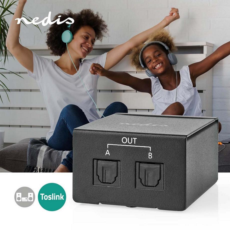 Nedis  TosLink Splitter | Zwei-Wege | Anschluss Eingang: TosLink Female | Anschluss Ausgang: 2x TosLink | Knopf | Metall | Schwarz 