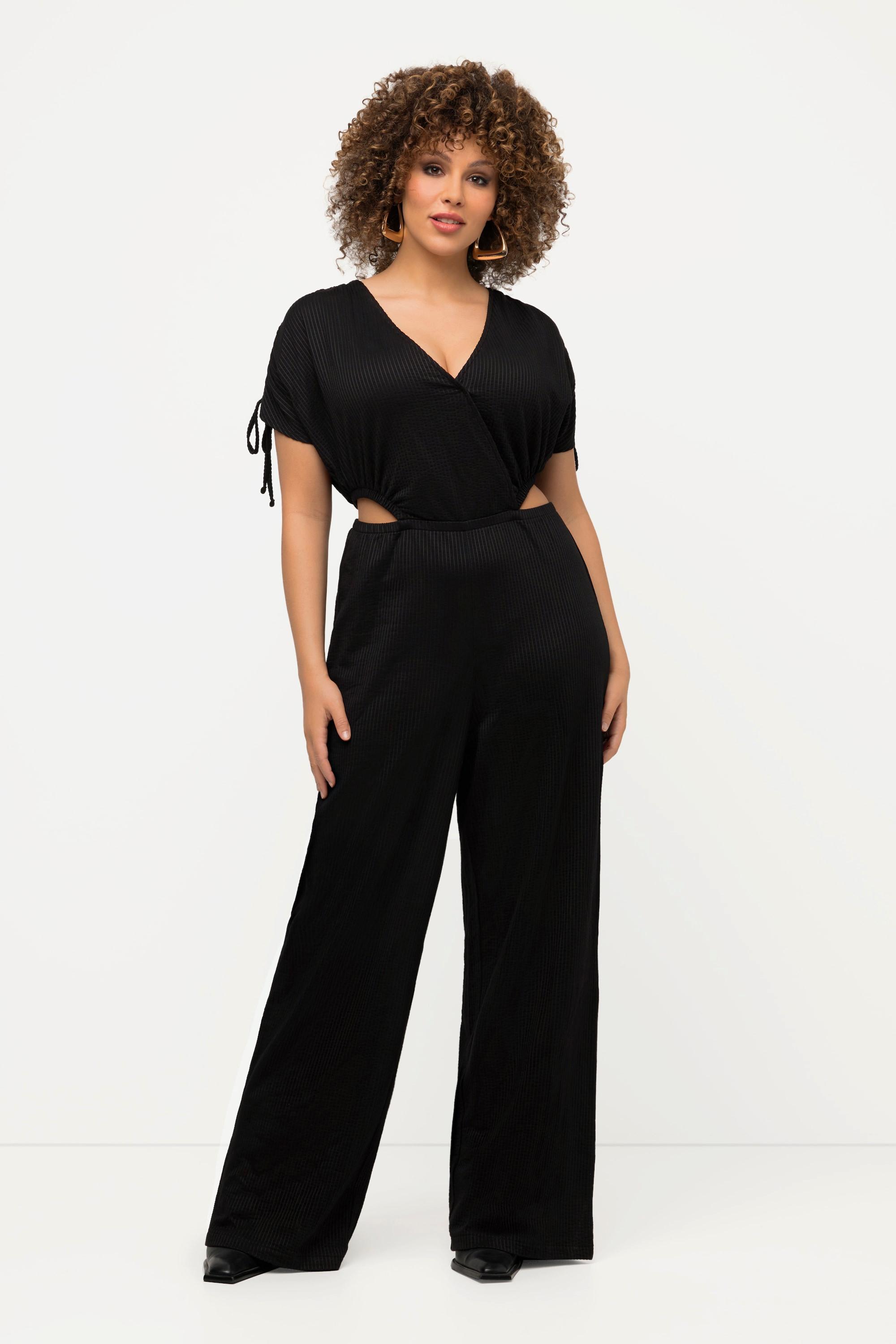 Ulla Popken  Jumpsuit, Streifenstruktur, V-Ausschnitt, Wickeloptik 