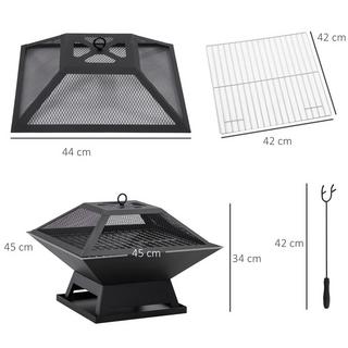 Northio Braciere Con Griglia E Cestino Per Braciere Da Giardino Con Parascintille, Attizzatoio, Acciaio, Nero, 45X45X34 Cm  