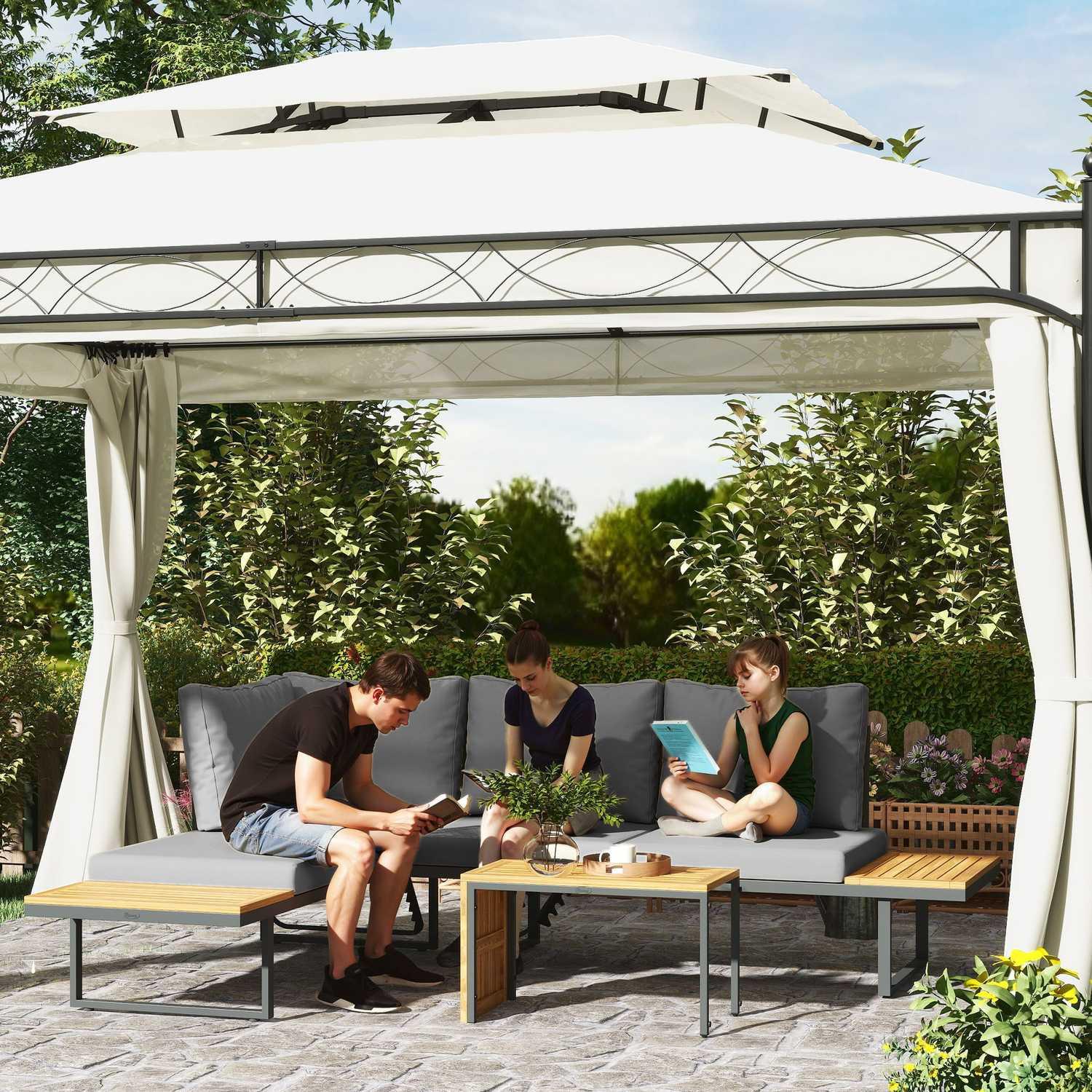 Northio Salon de jardin en bois d'acacia pour 6 personnes, salon de jardin en L avec banc d'angle, dossier réglable, table d'appoint, coussin, salon de balcon, groupe de sièges d'extérieur pour jardin, terrasse, balcon, gris clair  