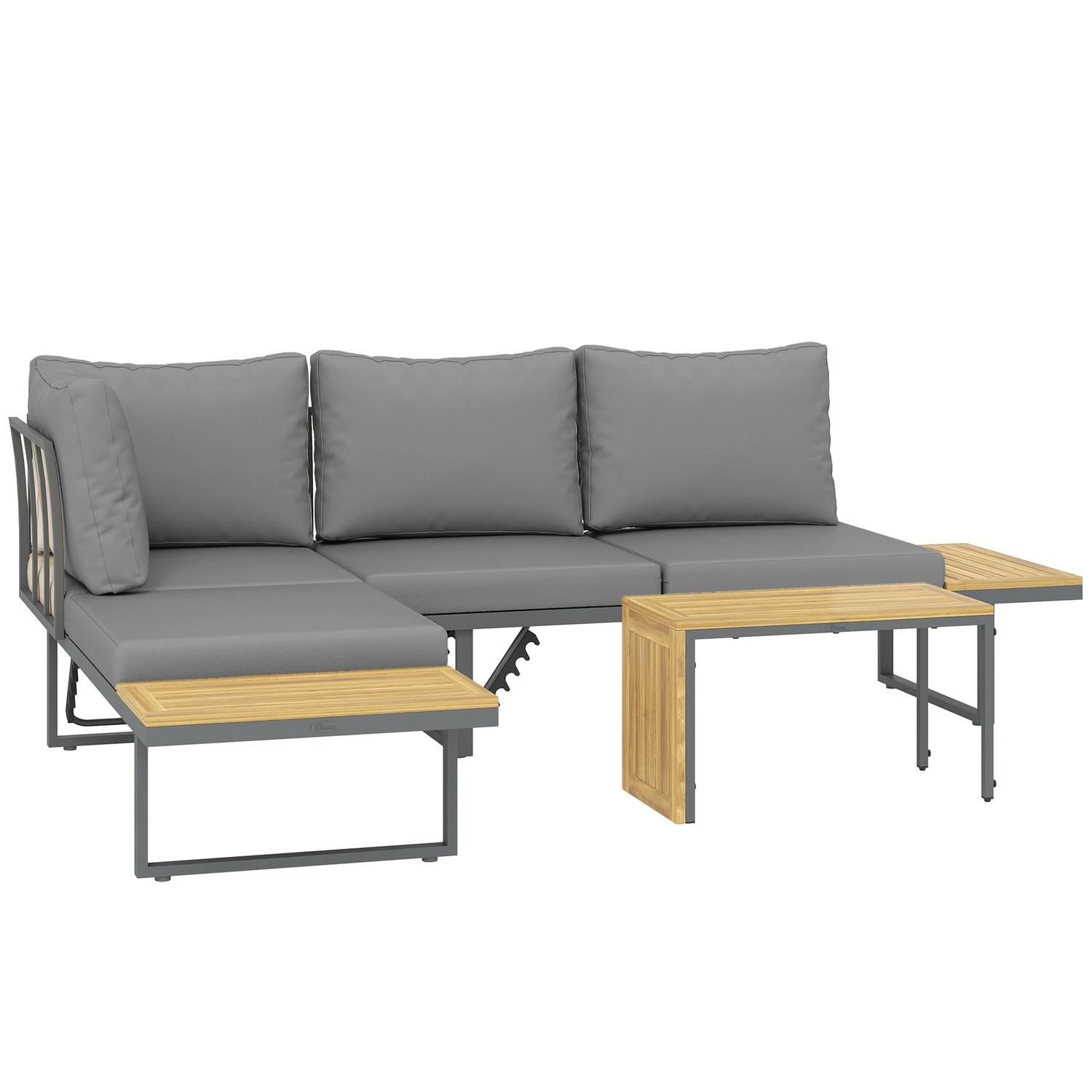 Northio Salon de jardin en bois d'acacia pour 6 personnes, salon de jardin en L avec banc d'angle, dossier réglable, table d'appoint, coussin, salon de balcon, groupe de sièges d'extérieur pour jardin, terrasse, balcon, gris clair  