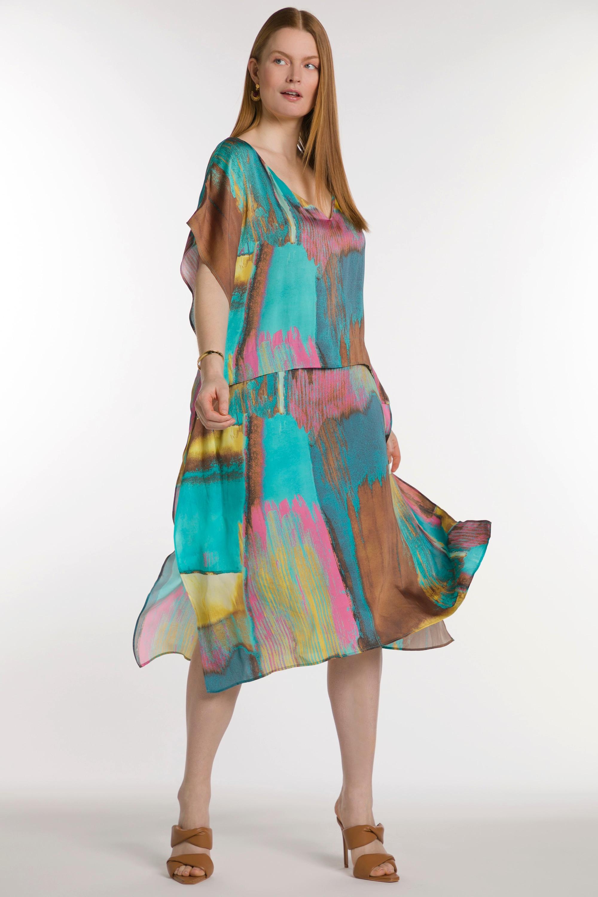 Ulla Popken  Robe midi, artwork, oversized, décolleté en V, manches mi-longues 