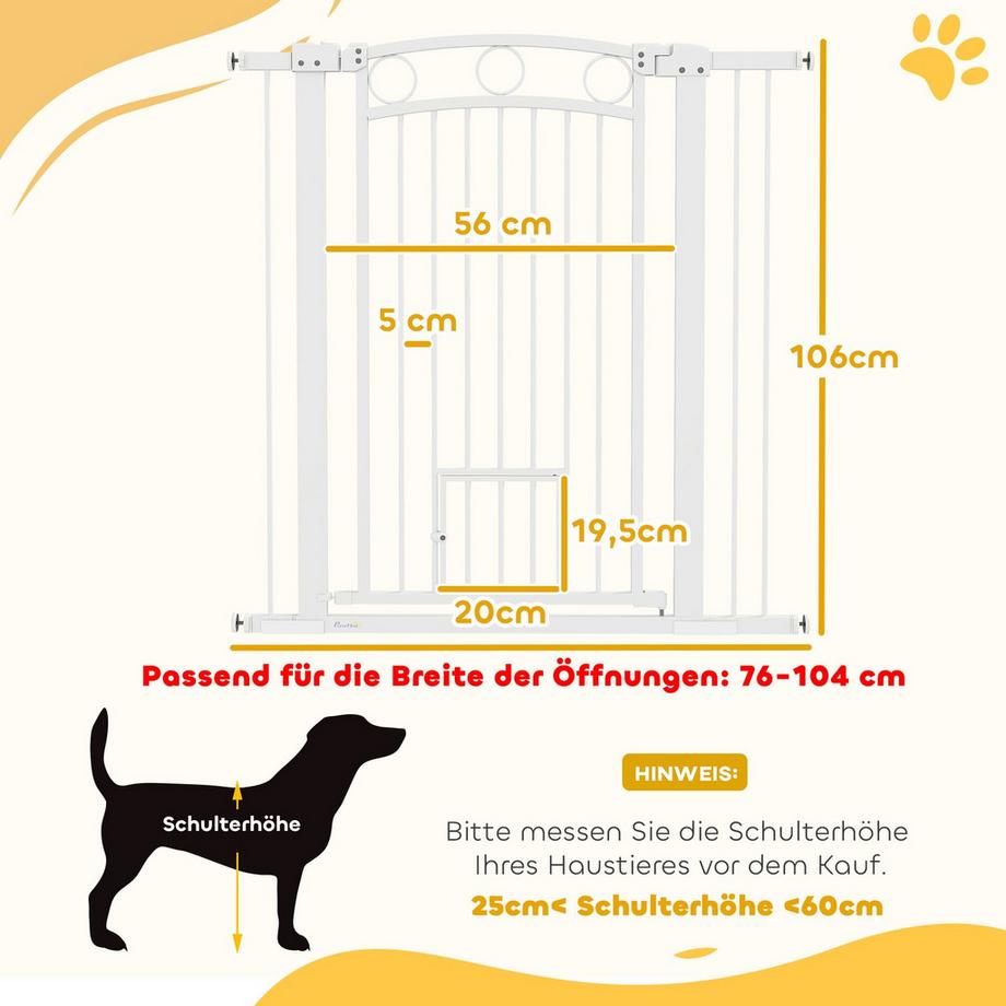 Northio  Türschutzgitter Hund, 76-104 cm Absperrgitter ohne Bohren, Treppengitter aus Stahl, Treppenschutzgitter mit Katzentür, Schutzgitter, Sicherheitsgitter für Treppen, Tür, Flur, Weiß 