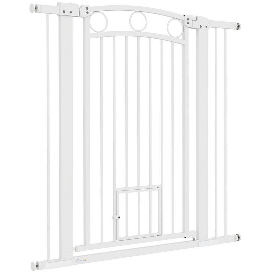 Northio  Türschutzgitter Hund, 76-104 cm Absperrgitter ohne Bohren, Treppengitter aus Stahl, Treppenschutzgitter mit Katzentür, Schutzgitter, Sicherheitsgitter für Treppen, Tür, Flur, Weiß 