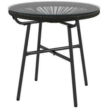 Tavolino in rattan, tavolo da bistrò, tavolino con piano in vetro, rotondo, per terrazza, balcone, nero, 50x50x50cm