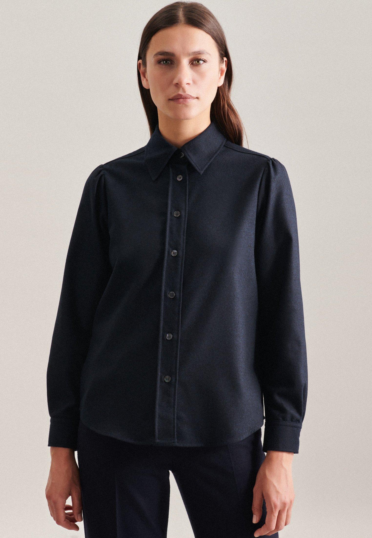 Image of Hemdbluse Uni Melange Langarm Kragen Damen Dunkelblau 40
